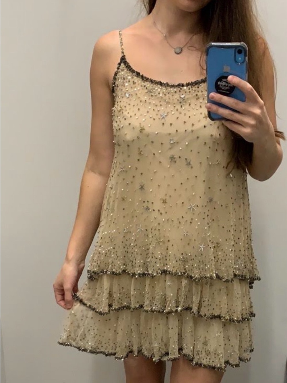 Joie Embellished Mesh Mini Dress Nude Gold Beaded Sequin Tiered M